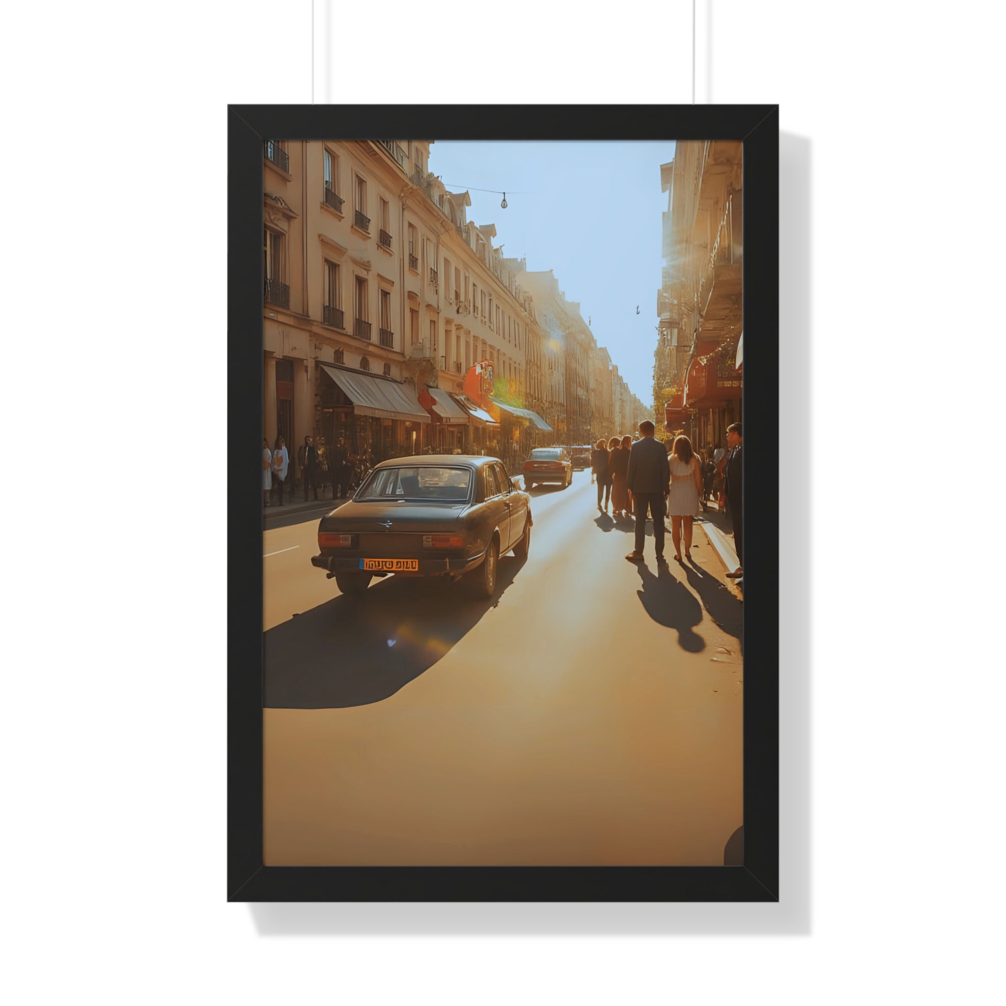 Sunny Street Framed Poster Print, Wall Art Decor, Home Decor, Gift for Photography Lovers, Bright Urban Scene, Vintage Car Artwork