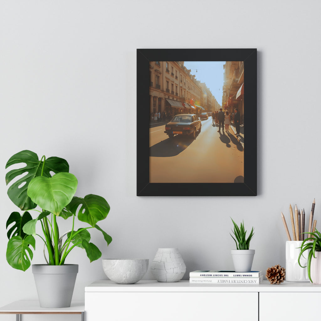 Sunny Street Framed Poster Print, Wall Art Decor, Home Decor, Gift for Photography Lovers, Bright Urban Scene, Vintage Car Artwork