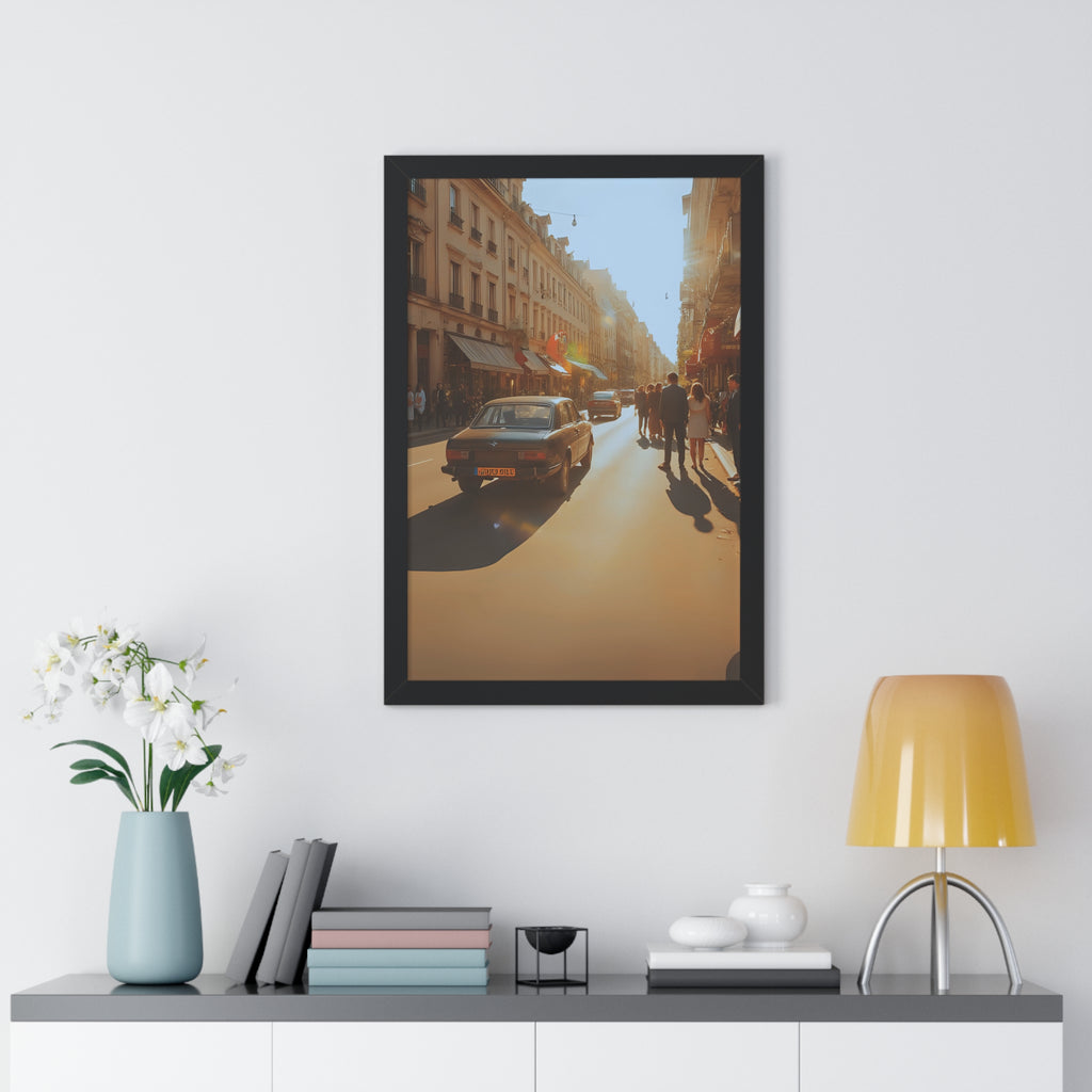 Sunny Street Framed Poster Print, Wall Art Decor, Home Decor, Gift for Photography Lovers, Bright Urban Scene, Vintage Car Artwork
