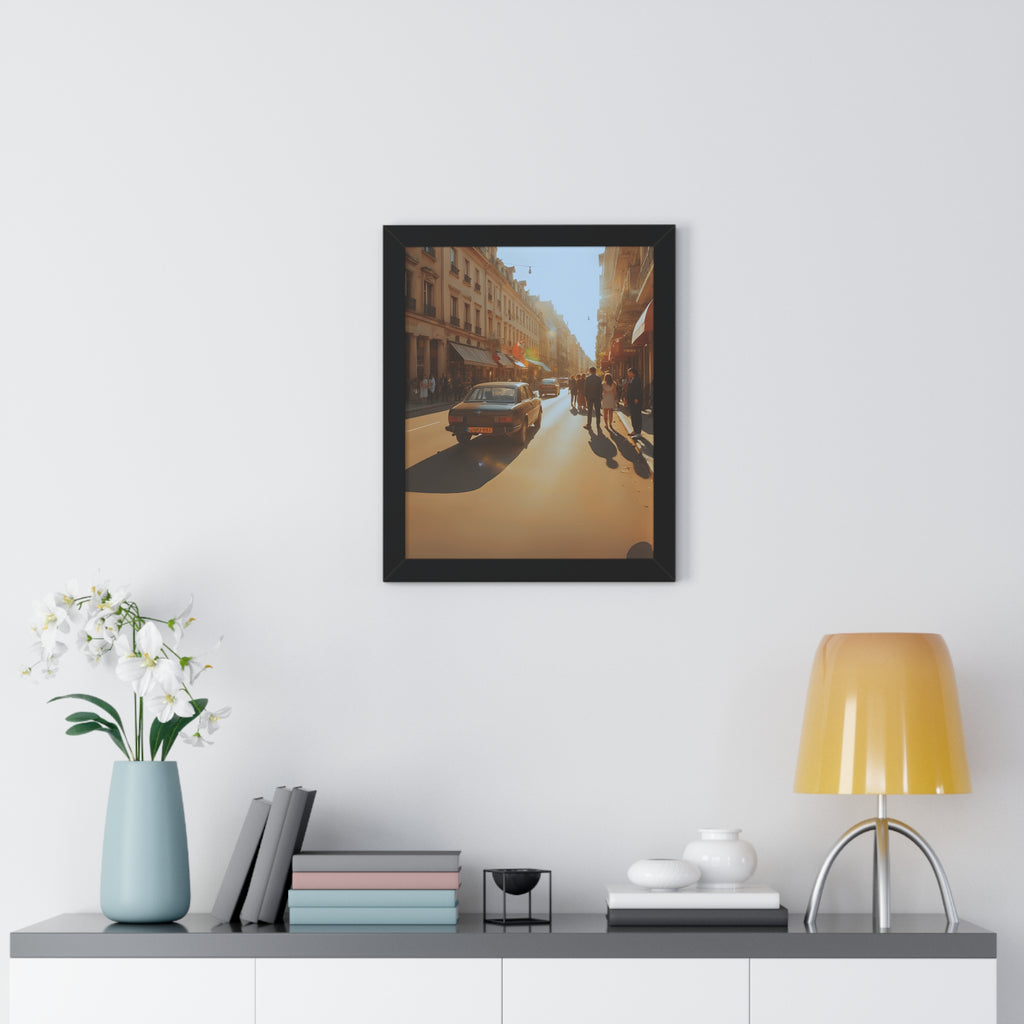Sunny Street Framed Poster Print, Wall Art Decor, Home Decor, Gift for Photography Lovers, Bright Urban Scene, Vintage Car Artwork