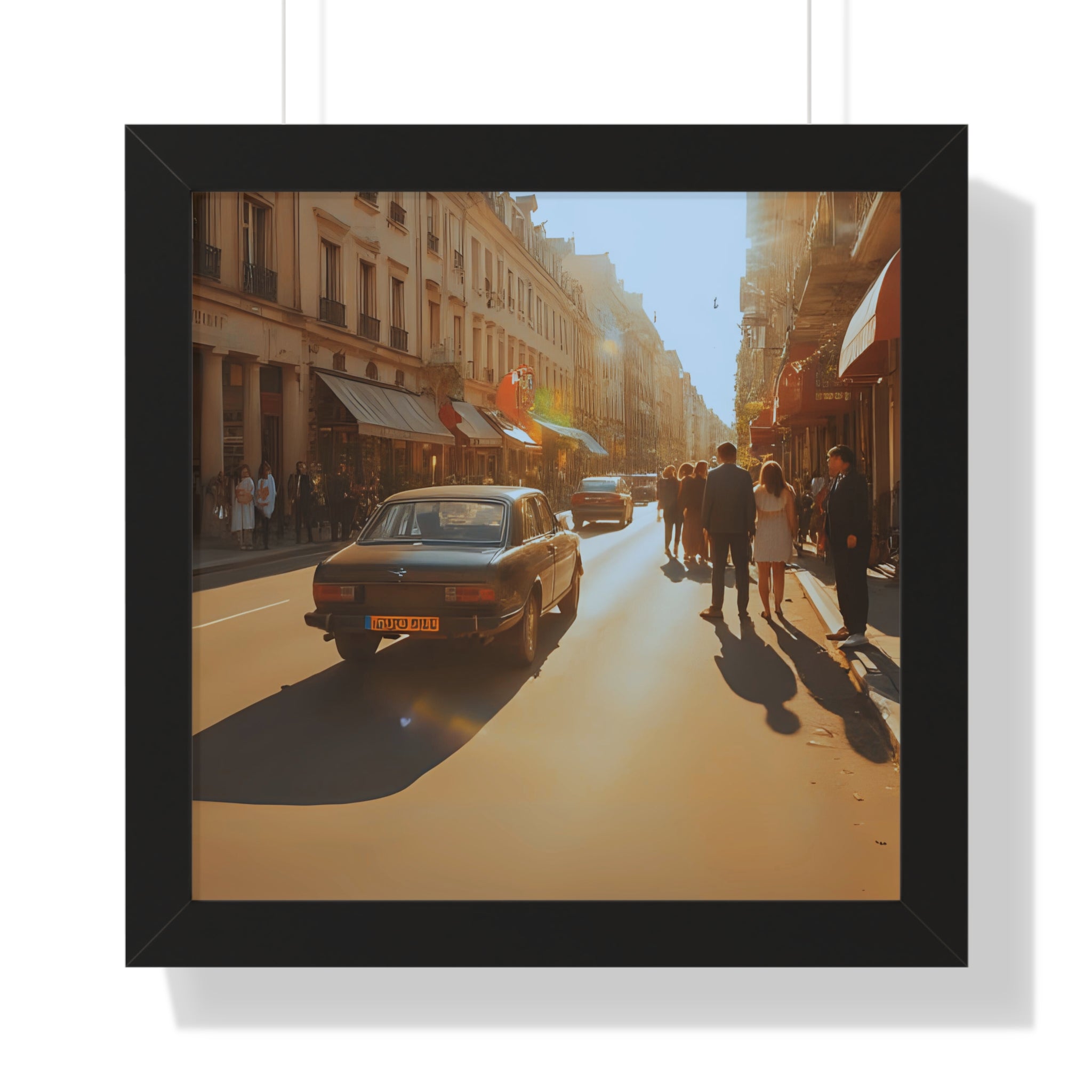 Sunny Street Framed Poster Print, Wall Art Decor, Home Decor, Gift for Photography Lovers, Bright Urban Scene, Vintage Car Artwork