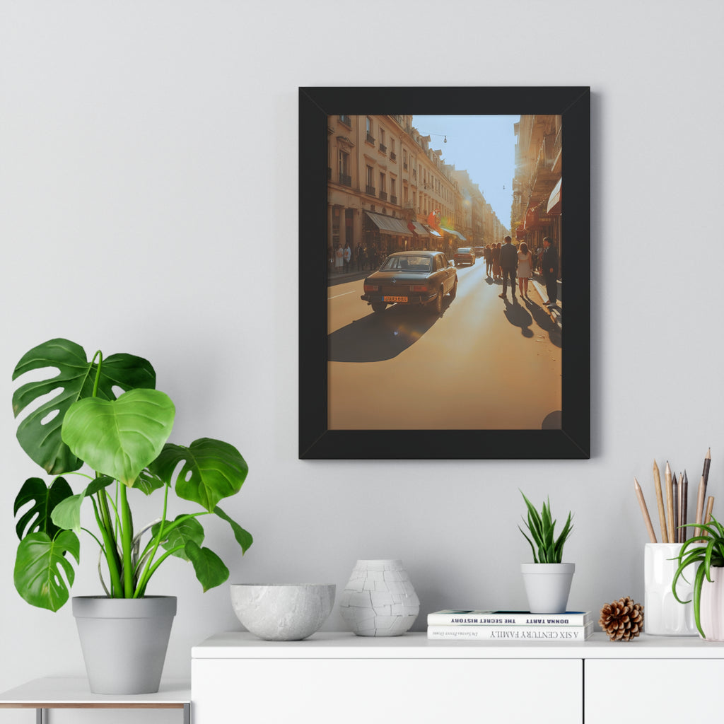Sunny Street Framed Poster Print, Wall Art Decor, Home Decor, Gift for Photography Lovers, Bright Urban Scene, Vintage Car Artwork