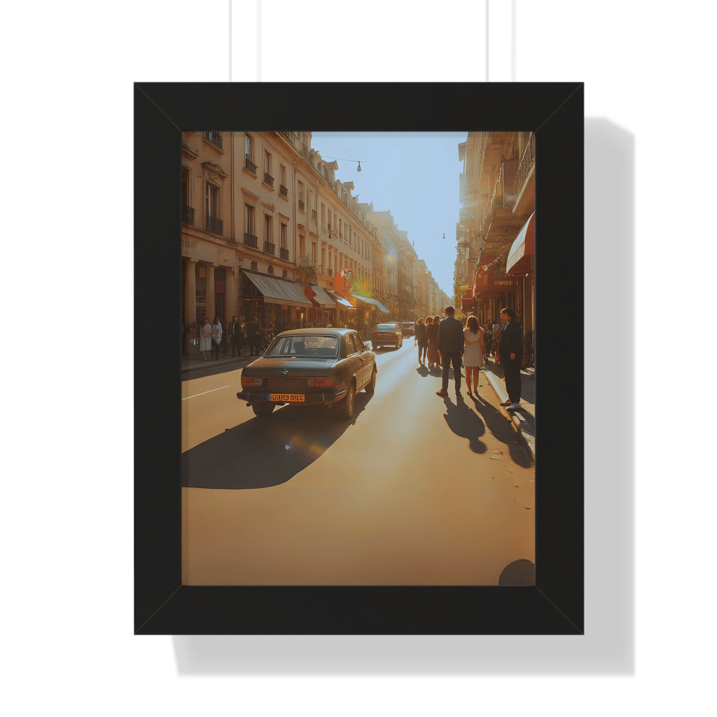 Sunny Street Framed Poster Print, Wall Art Decor, Home Decor, Gift for Photography Lovers, Bright Urban Scene, Vintage Car Artwork