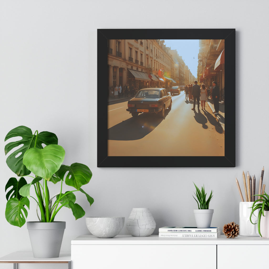 Sunny Street Framed Poster Print, Wall Art Decor, Home Decor, Gift for Photography Lovers, Bright Urban Scene, Vintage Car Artwork