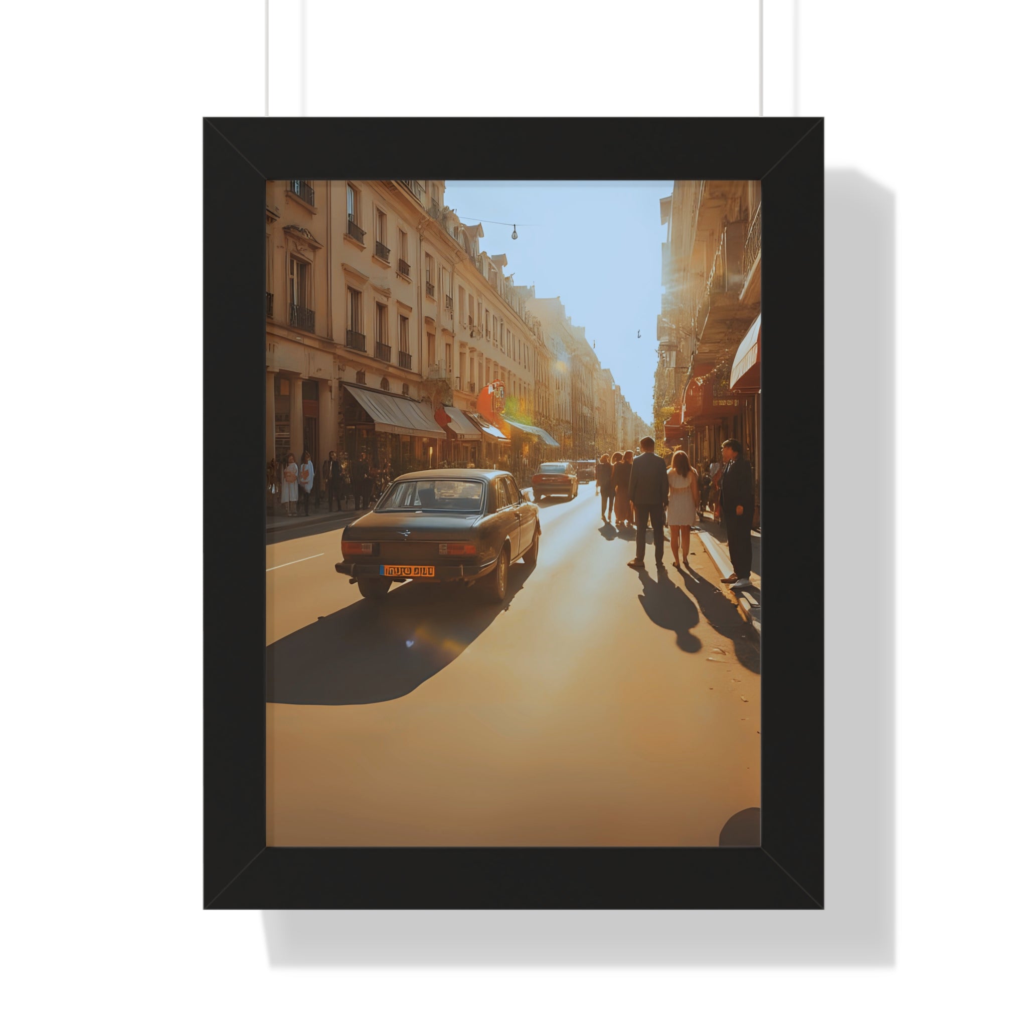 Sunny Street Framed Poster Print, Wall Art Decor, Home Decor, Gift for Photography Lovers, Bright Urban Scene, Vintage Car Artwork